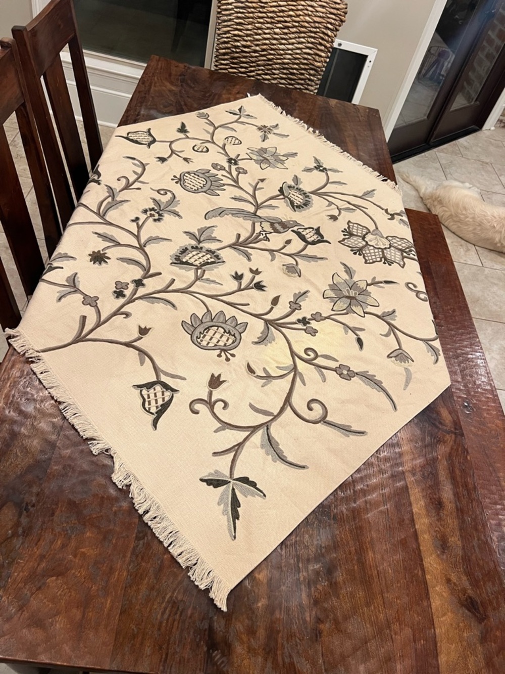 Pottery Barn Anderson Fringed Cream Table Runner with Gray Floral Embroidery